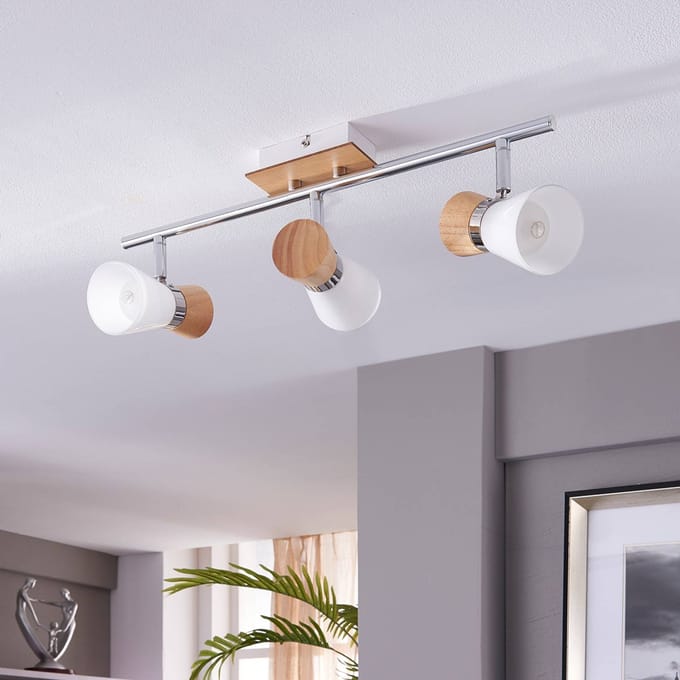 Lindby - plafondlamp hout - 3lichts - glas, hout, metaal - H: 15 cm - E14 - wit, licht hout, chroom
