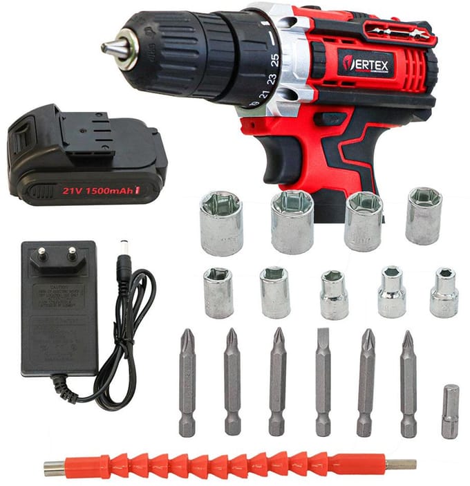 Vertex - Accuboormachine - 21V - 2x1,5Ah - Ergonomische Handgreep