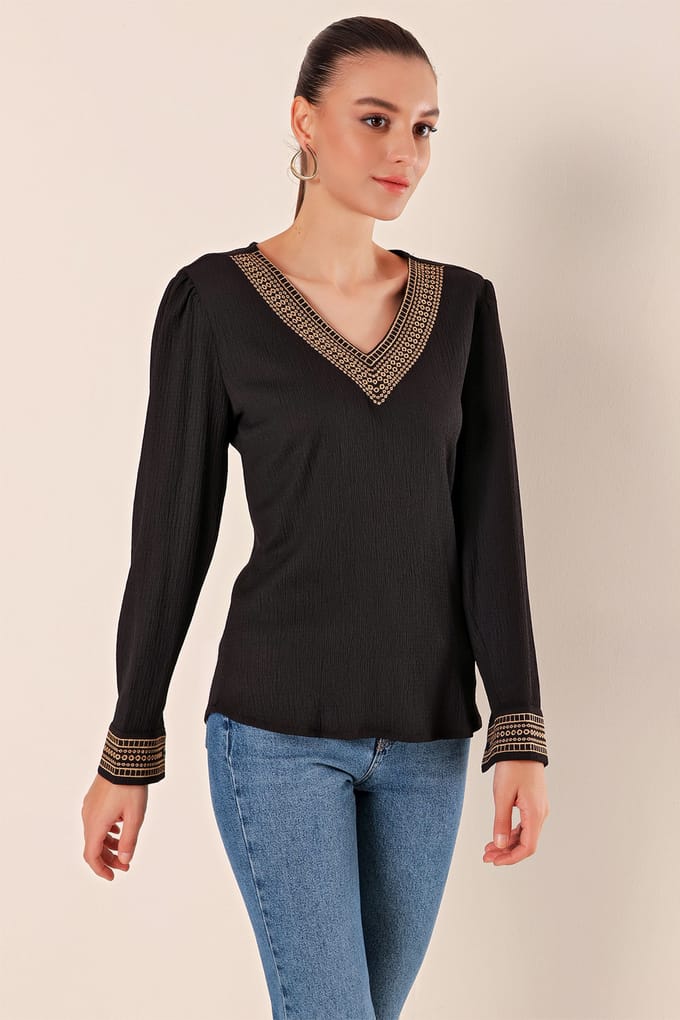 Geborduurde Textuur V-hals Blouse