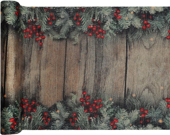 Tafelloper Kerst Dennetakken met Besjes - Polyester - 28 x 250cm