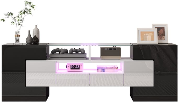 TV-lowboard - 145 cm - LED en Glasoppervlak - Hoogglans en Modern Design - Hout en Glas - Wit