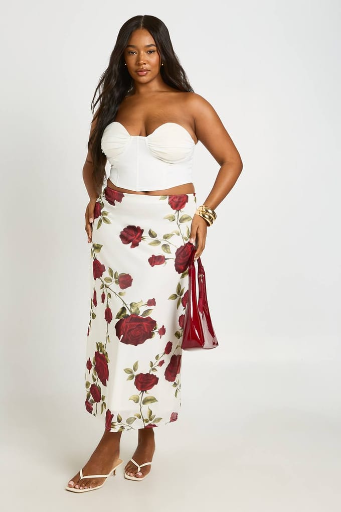 boohoo Dames Plus Rozenprint Mesh Midaxi Rok | Ivoor | Maat: 46