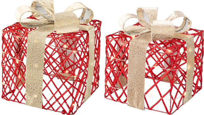 Cadeauset Rood met Lint en Strikken - Met Verlichting - Set van 2