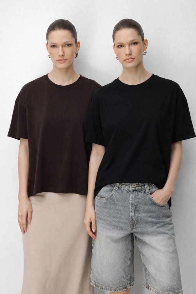 Oversized Geribbelde Crew Neck Twee-in-een T-Shirt Set