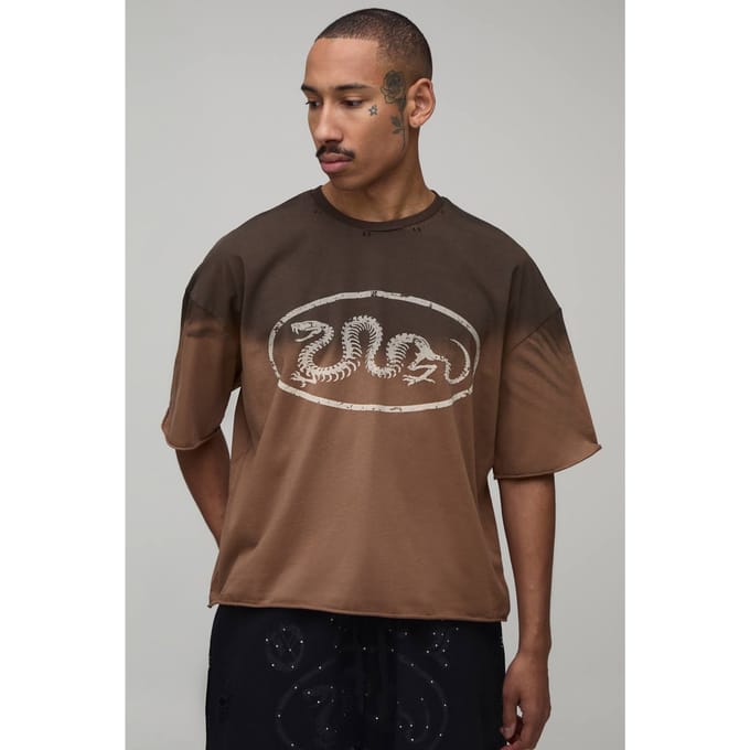 Oversized Boxy Heavyweight Washed Distressed Rhinestone T-Shirt | Brown | Size Large