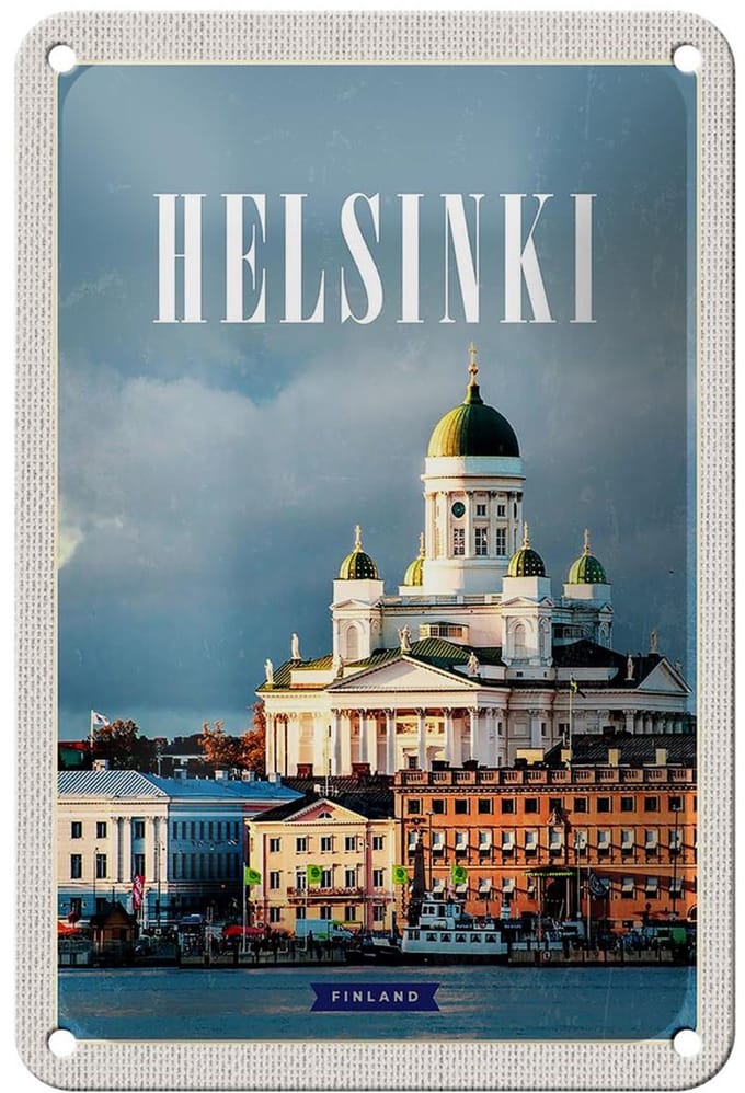 Blechschild Reise 12x18cm Helsinki Finnland Meer Stadt Kirche Schild