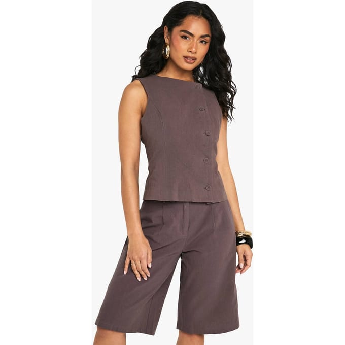 boohoo Dames Linnen Asymmetrisch Getailleerde Weste | Chocoladebruin | Maat: 34