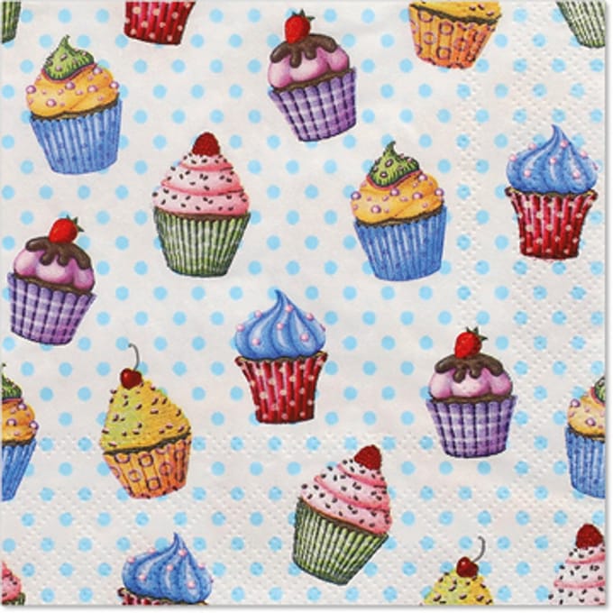 14x 20 Servetten 3-laags 1/4 vouw 25 cm x 25 cm Cupcakes