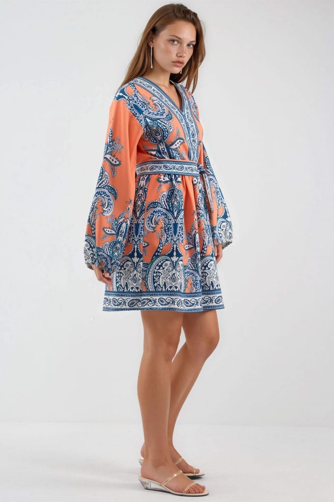 V-hals Paisley A-lijn Mini Jurk met Knopen
