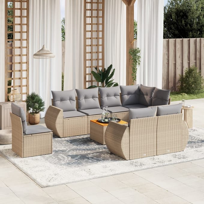 vidaXL - 9-delige - Loungeset - met - kussens - poly - rattan - beige
