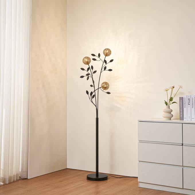 Lucande - vloerlamp - 3lichts - IJzer - H: 160 cm - G9 - zwart, goud