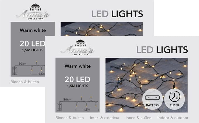 Anna's Collection Kerstverlichting - 2x - warm wit -150 cm - 20 leds - zwart snoer - batterij