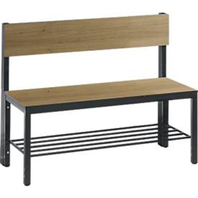 Basic Plus bank, 1-zijdig, rugleuning, met schoenenrek, 4-poots frame zwartgrijs RAL 7021, B 1000 mm, decor eiken ser.