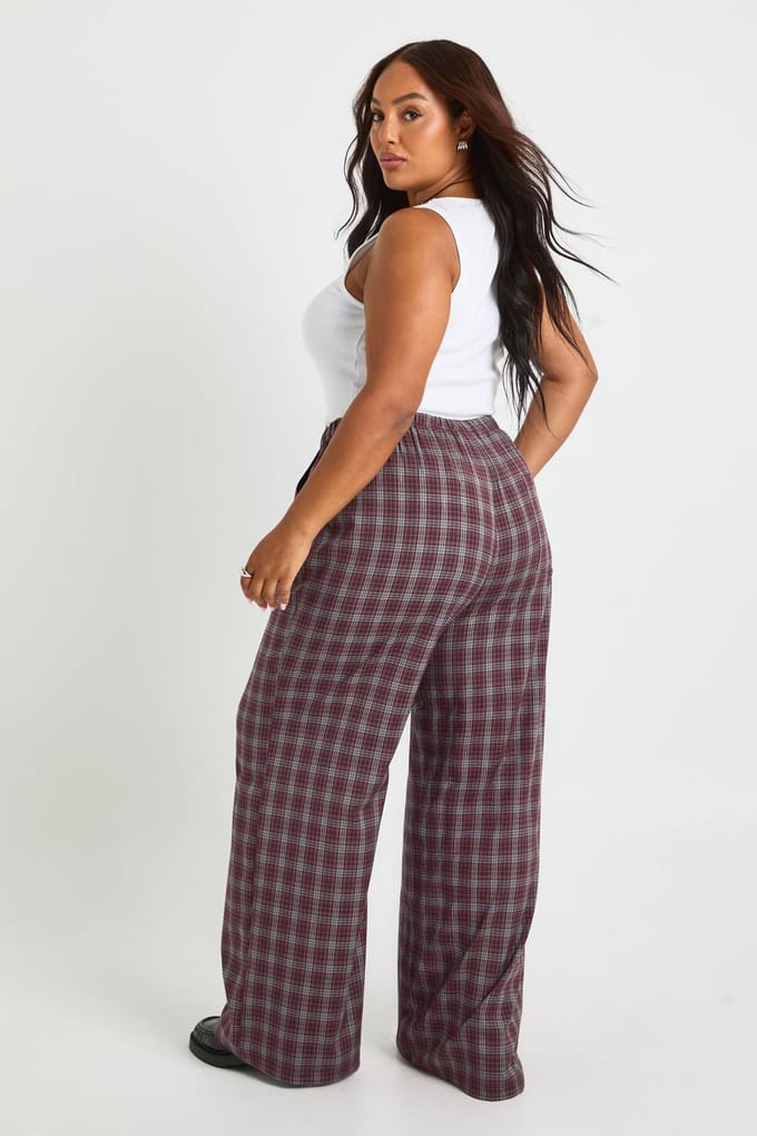 boohoo Dames Plus Check Trekkoord-taillebroek | Maroon | Maat: 18