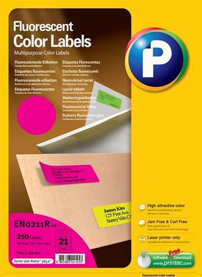 Printec Fluoriscerend Neon Roze Etiketten - 10 Vel - 70x42.4mm - 21 Labels Per A4 - 210 Stickers
