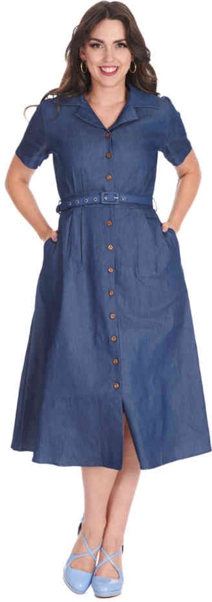 Banned - Summer Denim Dream Flare jurk - L - Blauw