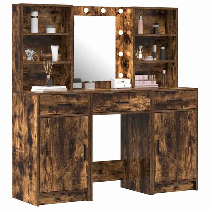 vidaXL - Dressing - tafel - set - met - LED - 3 - st - Rook - Eiken - Bewerkt - hout