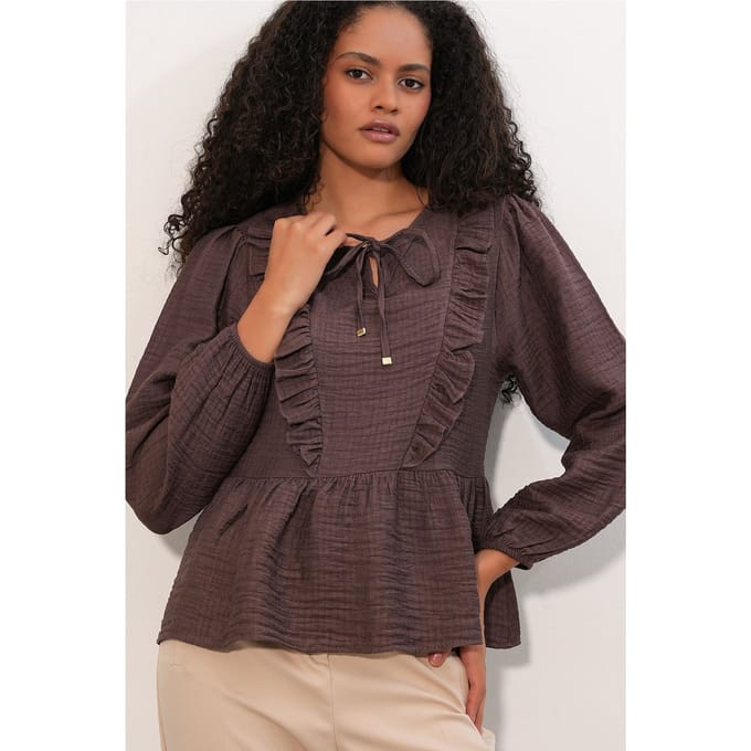 Rimpelige Geweven Blouse Met Strik Sluiting
