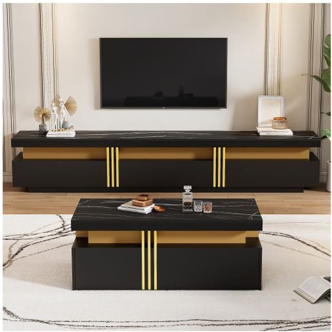 Ensemble mural TV noir, ensemble mural TV pour le salon, table basse + support TV, ensemble armoire multifonctionnel noir