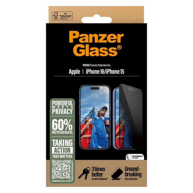 PanzerGlass Screenprotector geschikt voor Apple iPhone 16 Glazen | PanzerGlass Ultra-Wide Fit Privacy Screenprotector Privacy - Case Friendly - Zwart