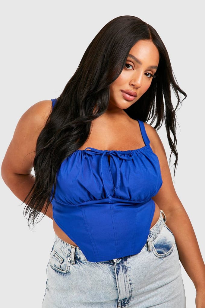 boohoo Dames Plus Tie Front Milkmaid Korset Top | Cobalt | Maat: 26