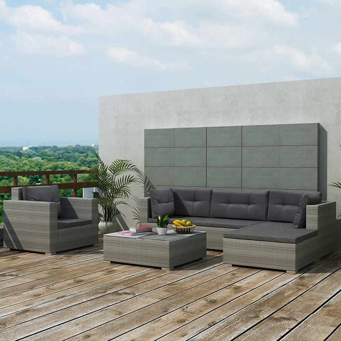 vidaXL - 6-delige - Loungeset - met - kussens - poly - rattan - grijs