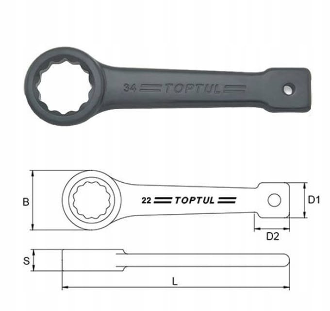 Toptul 36mm Ringsleutel Zwaar Uitvoering 12-kant 204mm Cr-Mo