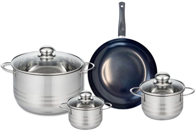 Set van 1 Koekenpan 24 cm en 3 kookpotten 12, 14 en 24 cm Elo Prima Glanzend