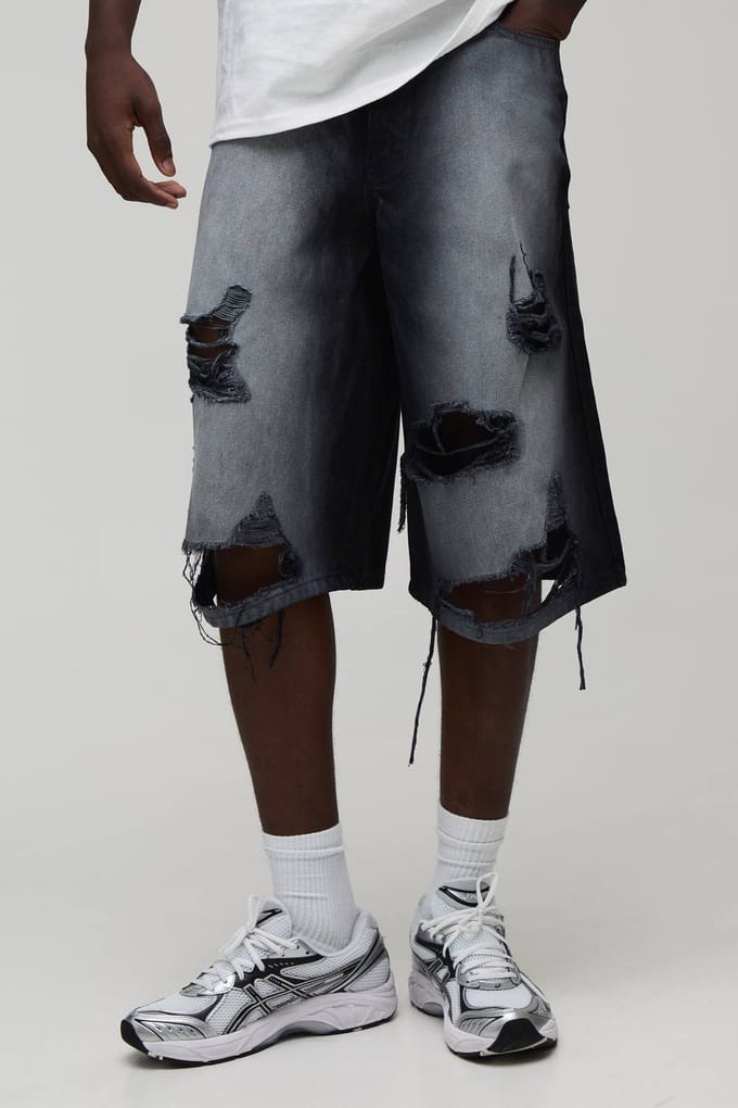 Fade Wash Extreme Distressed Longline Jorts | Washed Black | Size 50