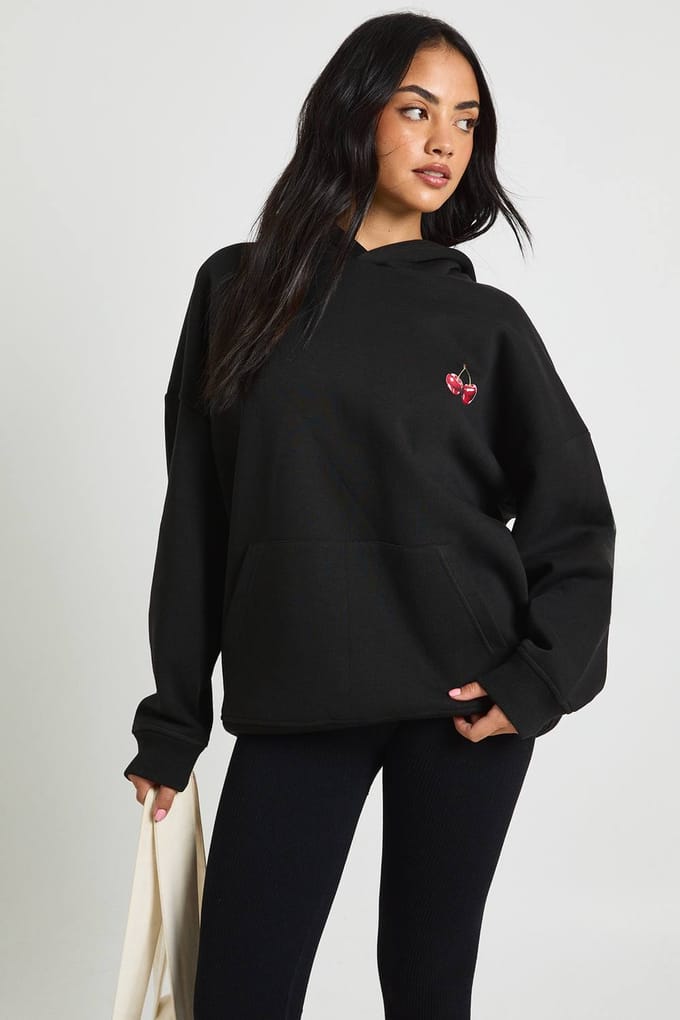 boohoo Dames Oversized hoodie met kersenprint | Zwart | Maat: Small