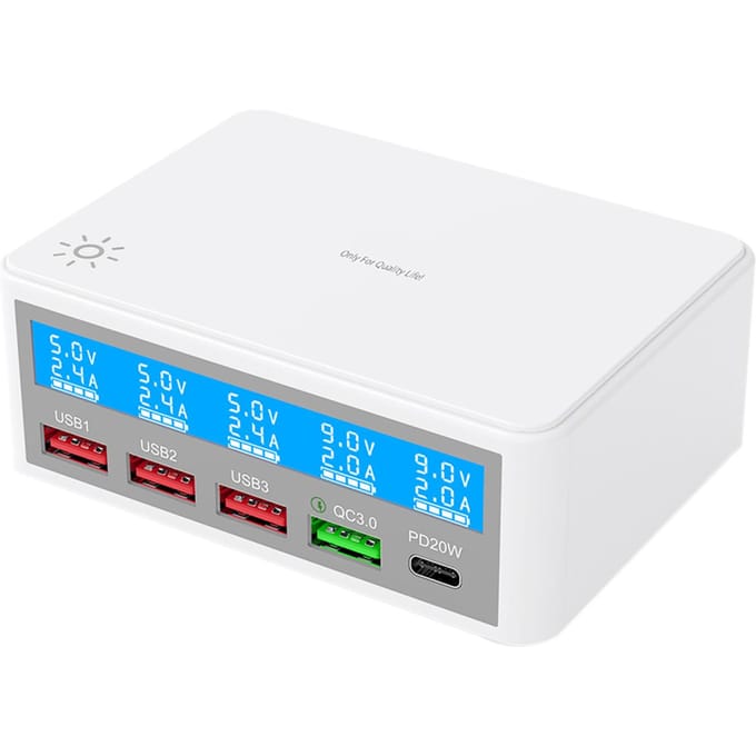 Meerdere USB-opladers 65W 5-poorts USB-laadstations met LCD-scherm PD 20W + QC3.0 snellader US Plug white