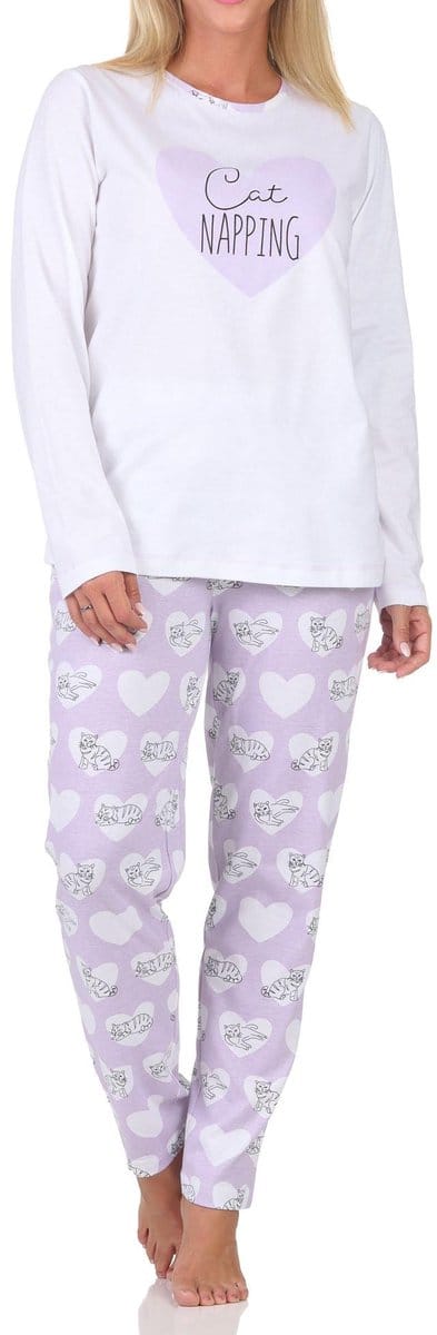 Normann dames pyjama met lange mouwen en hart- en kattenmotief