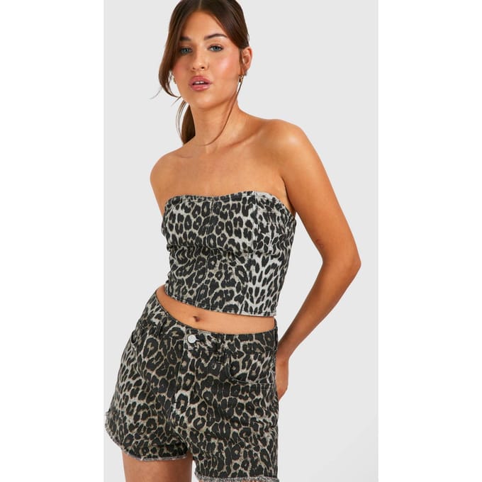 boohoo Dames Leopardprint Langlijnige Denim Bandeau | Bruin | Maat: 40