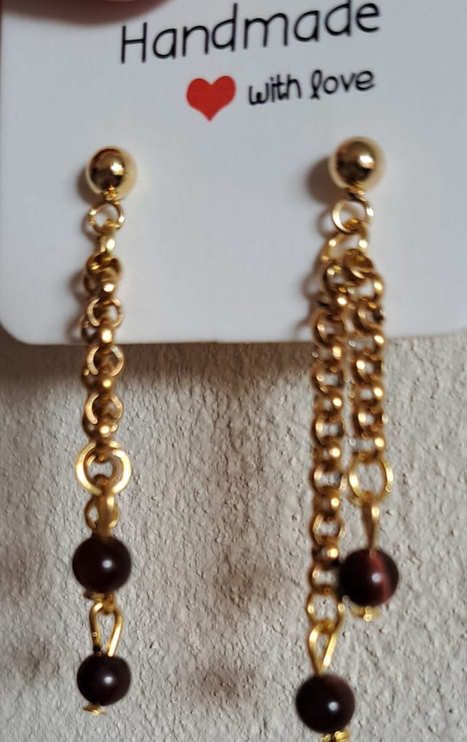 Tijgeroog Rood Oorbellen, dubbel Knop Goudkleurig