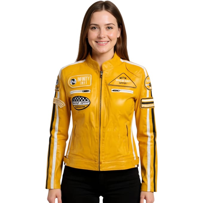 Dames geel leren bikerjack met racebadges - Dalby