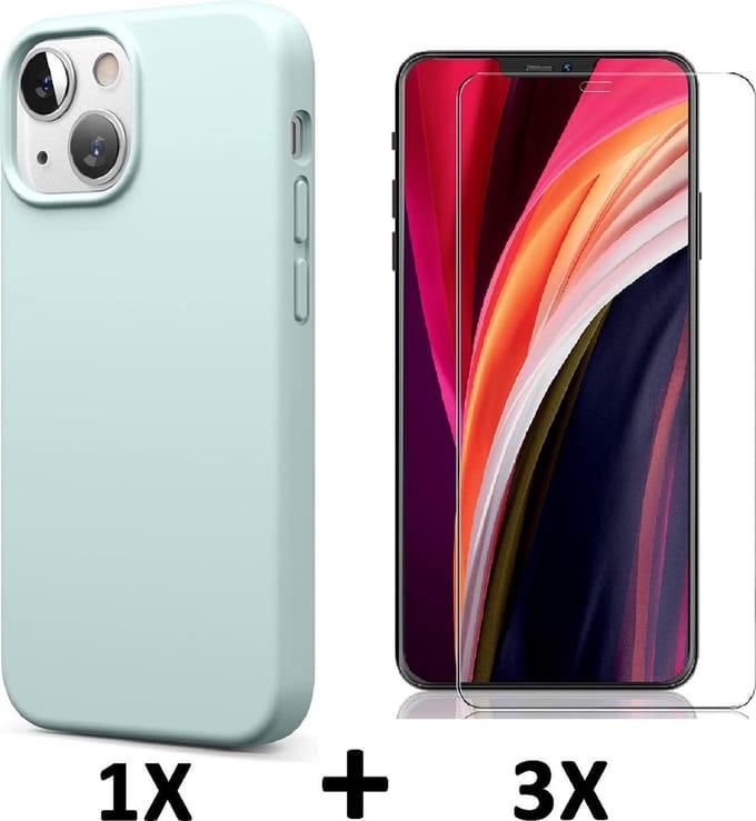 HB Hoesje Geschikt voor Apple iPhone 13 Turquoise / 3X Glazen Screenprotector - Siliconen Back Cover