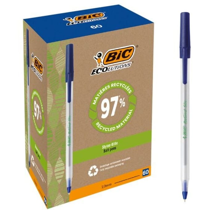 Balpen met dop BIC® ECOlutions® Round Stic®, 0,4 mm, gerecycleerd, blauw, 60 stuks