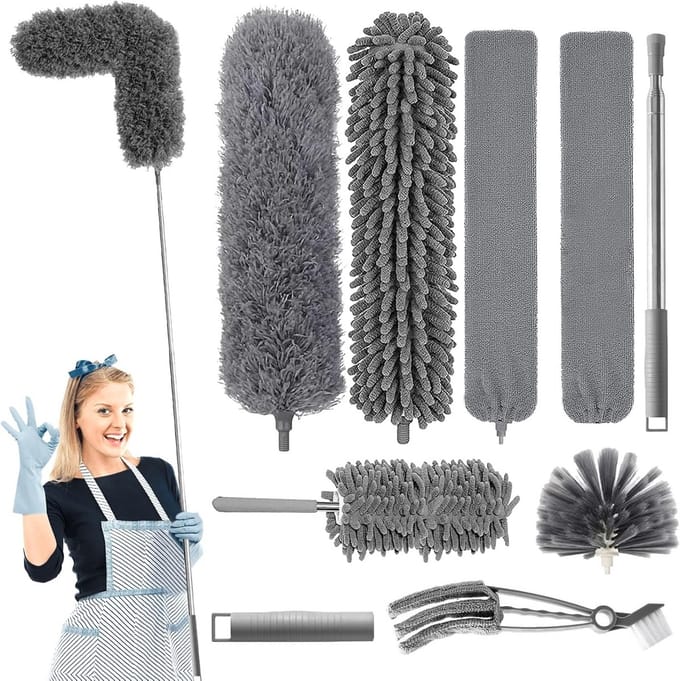 Stofdoek Set - Spinnenwebbezem - Hoge Oppervlakken Reinigen - Telescopisch Bereik - 2 Meter - Zwart Wit