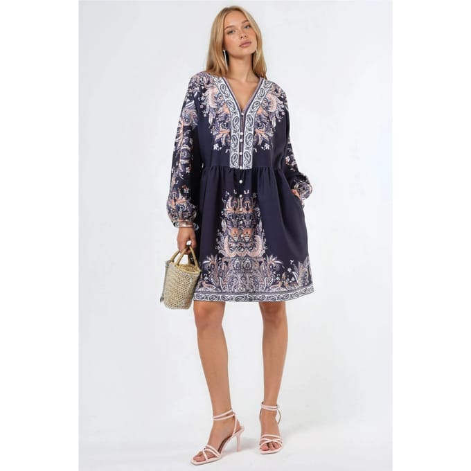 Gestrikt Mini-Jurk met V-hals in Paisley