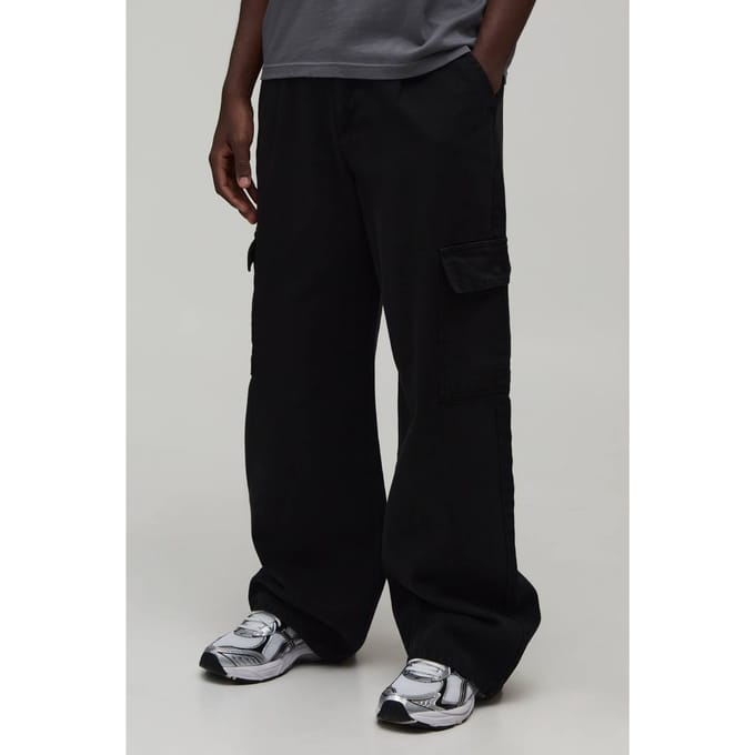 Broek met brede pasvorm, half & half tailleband, cargozakken en gewassen twill | Black | Size Medium