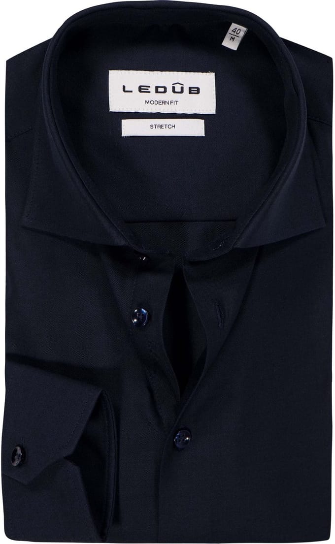 Ledub modern fit overhemd - popeline - donkerblauw - Strijkvriendelijk - Boordmaat: 48