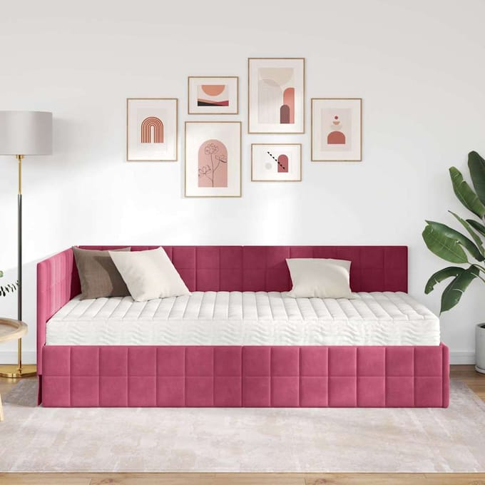 vidaXL - Hoekbedframe - met - Matras - 2 - st - Wijnrood - 90 - x - 200 - cm - Fluweel