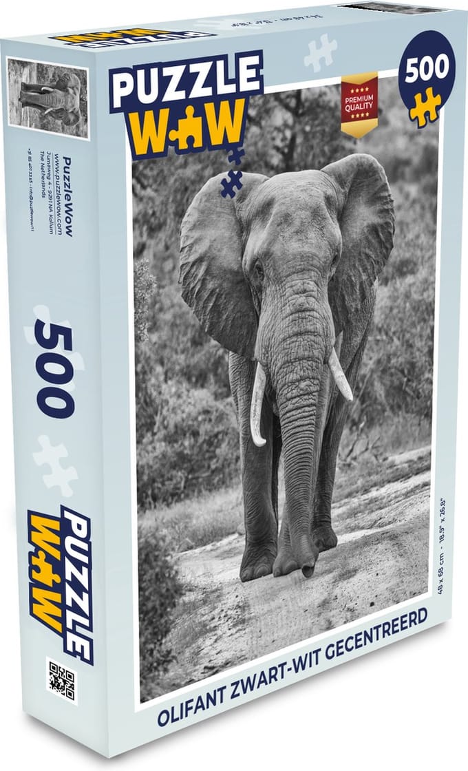 Puzzel Olifant zwart-wit gecentreerd - Legpuzzel - Puzzel 500 stukjes