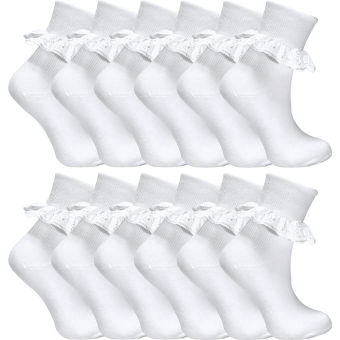 12 Paar Witte Frilly Lace Sokken 7 Maten Sok Snob - Wit