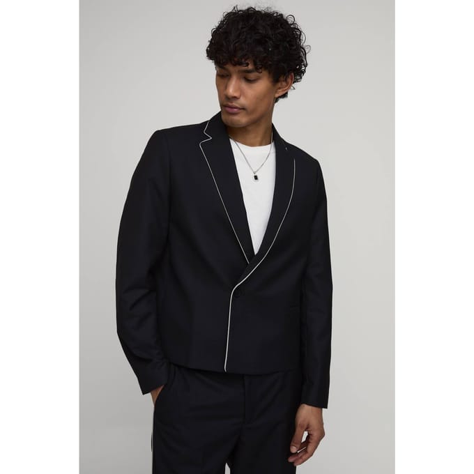 Contrast Piping Trim Cropped Boxy Blazer | Black | Size 52