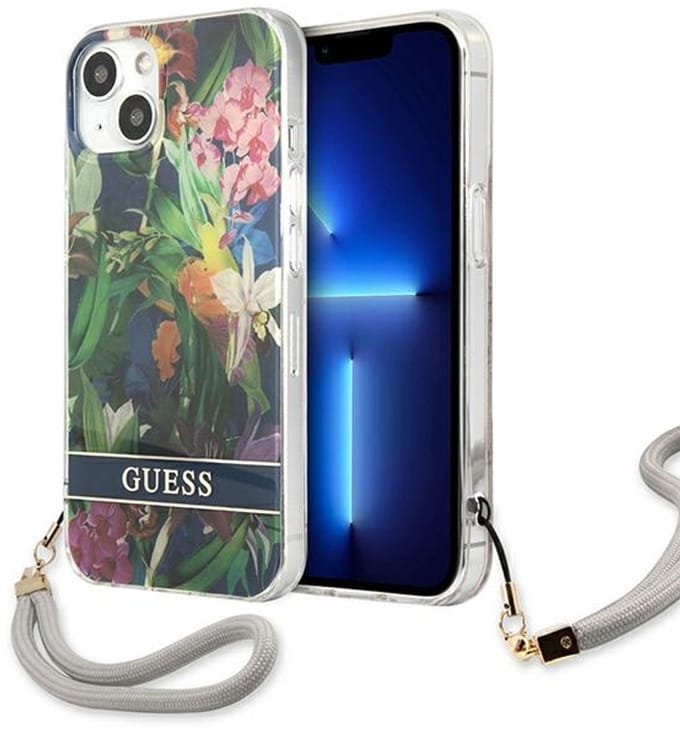 Guess Flower Strap - iPhone 13 mini Hoesje - Blauw - Elegant Ontwerp - Full Protectie
