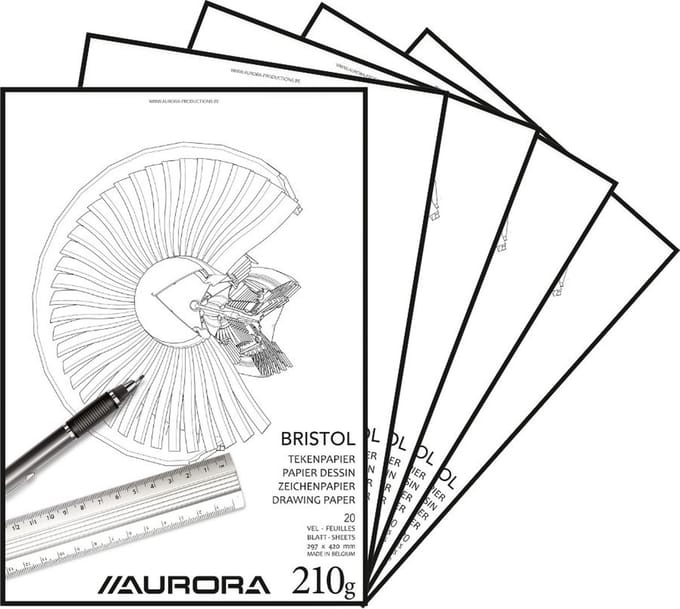 Aurora Tekenblok - Bristol - Glad Tekenpapier - 297 mm x 420 mm - A3 - 210g - 20 Vel - 5 Stuks