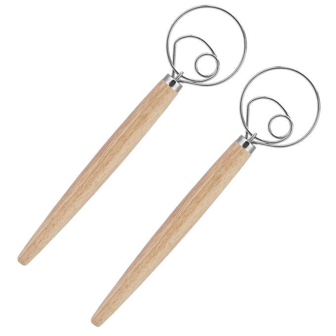 2 Stuks Roestvrij Staal Deegmixer Blender Handmatige Eierklopper met Eiken Handvat Keukenaccessoire beige