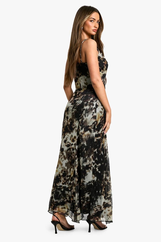 boohoo Dames Smudge Print Strappy Mesh Maxi Dress | Khaki | Maat: 8