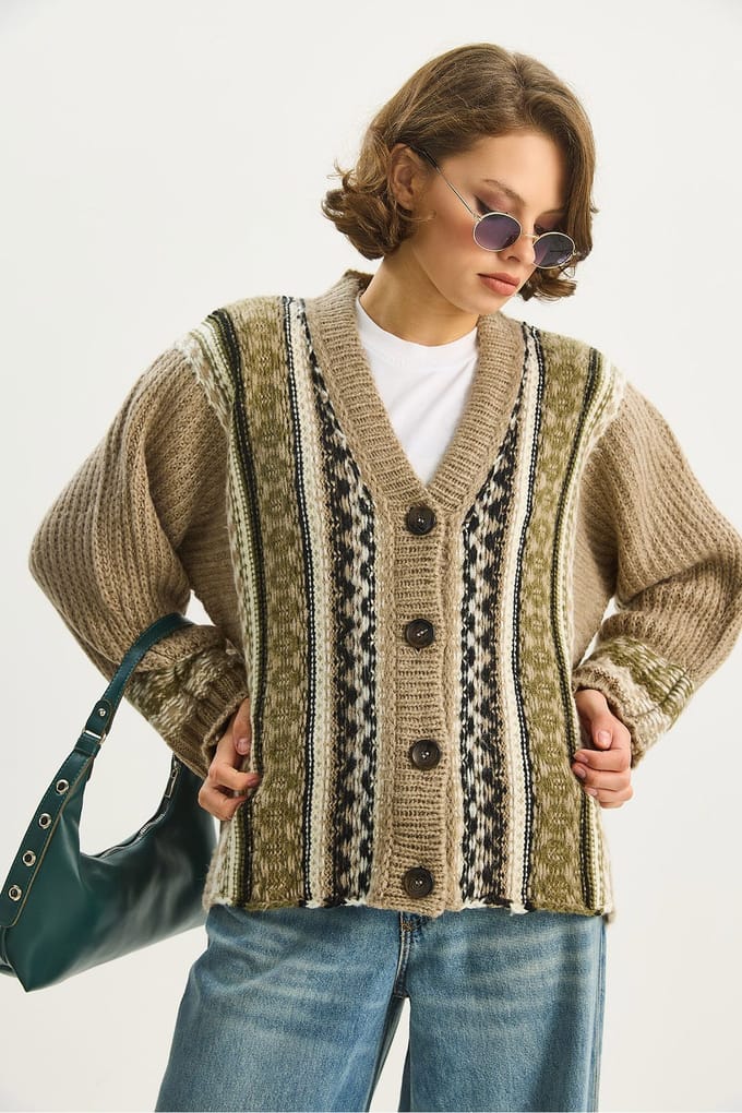 Etnische Print V-Hals Lange Mouw Knopen Cardigan